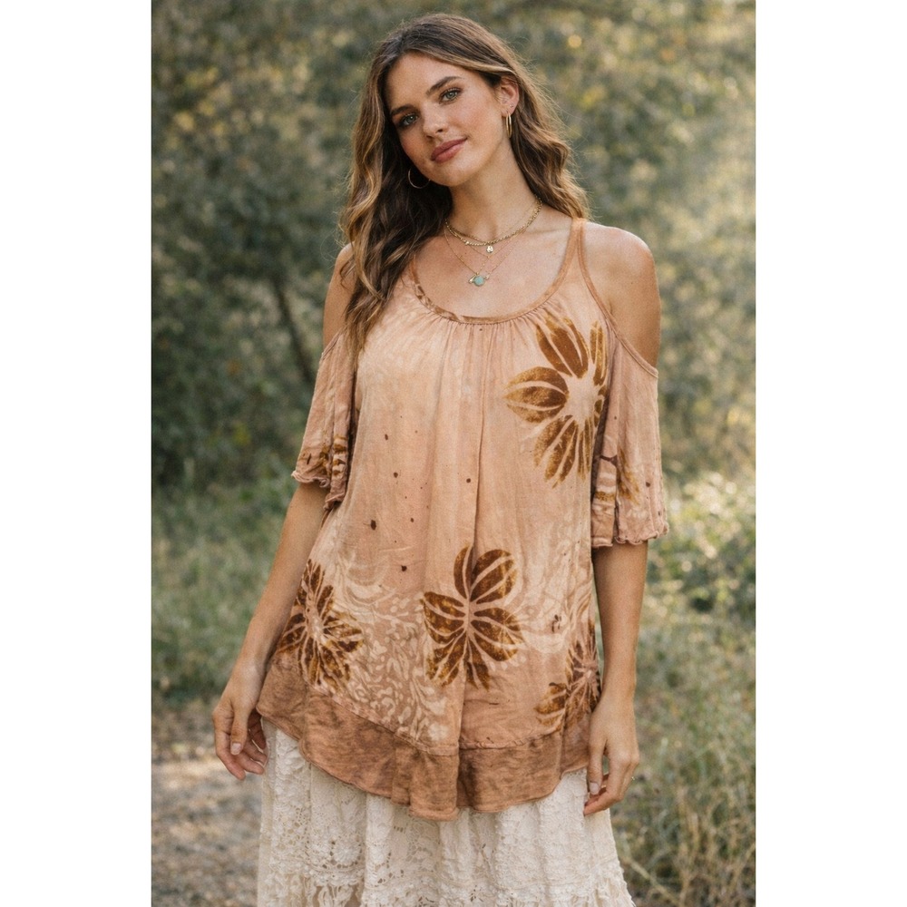 Q2 T Party Women's Shirt Top Blouse Cold Shoulder Floral Flower Small Soft Boho